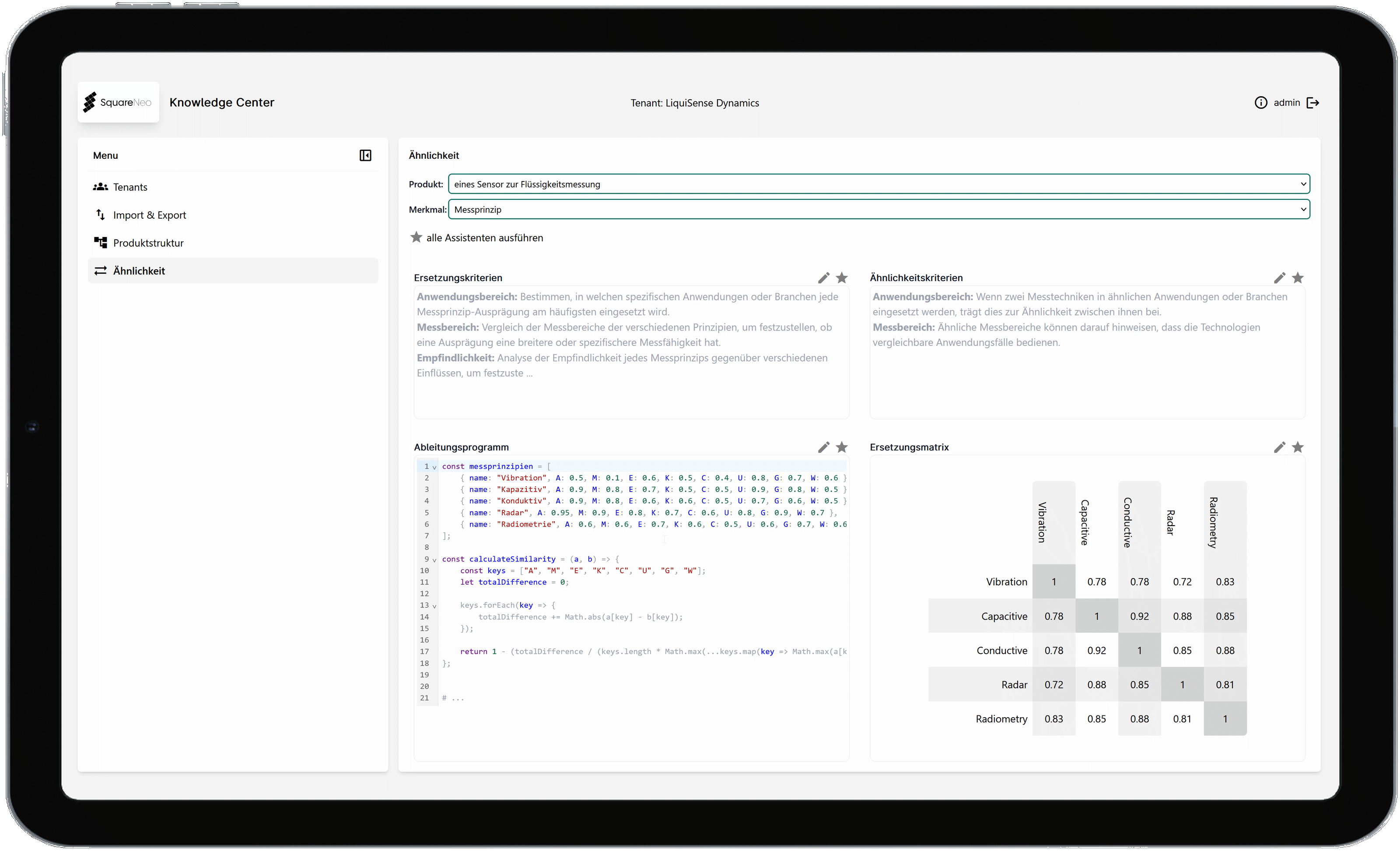 Requirement Analyser. Auf der linken Seite befindet sich der KI-Chat und die Filteroptionen mit Begründung, welche durch den Chat automatisch gewählt werden und auf der rechten Seite befinden sich die daraufhin ausgewählten Produkte.